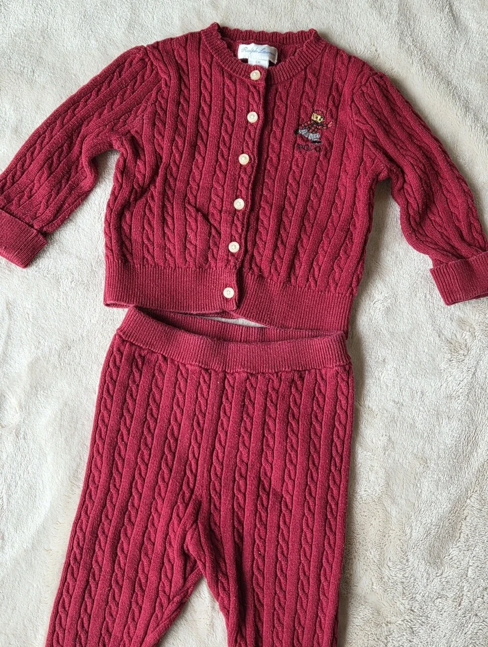 Polo Ralph Lauren Baby Polo Bear Cable Knit Cardigan Set Red 6M Holiday Gift
